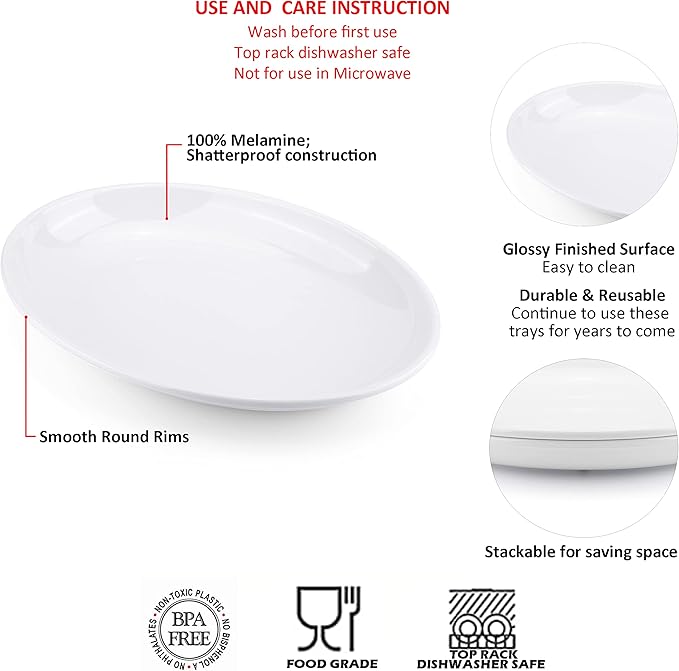 KOXIN-KARLU Melamine Large Serving Platter, 16-inch Oval Serving Plates, White Serving Tray for Entertaining Party, 100% Melamine Serving Dish for Appetizers Meat Food, Set of 2