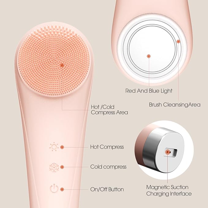 Facial Cleansing Brush,Silicone Face Scrubber,Pore Scrubber for Women Men,IPX7 Waterproof Exfoliating Face Brush,Rechargeable Electric Face Scrub,Pink-BrightBean Baby