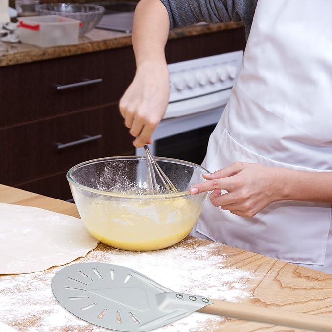 Pizza Turning Peel Perforated Pizza Turner Round Metal Aluminum Turning Peel Paddle with 16 Inch Anti-scalding Non-slip Durable Wooden Handle for Homemade Bread Bakers Oven Accessories(7 Inch)