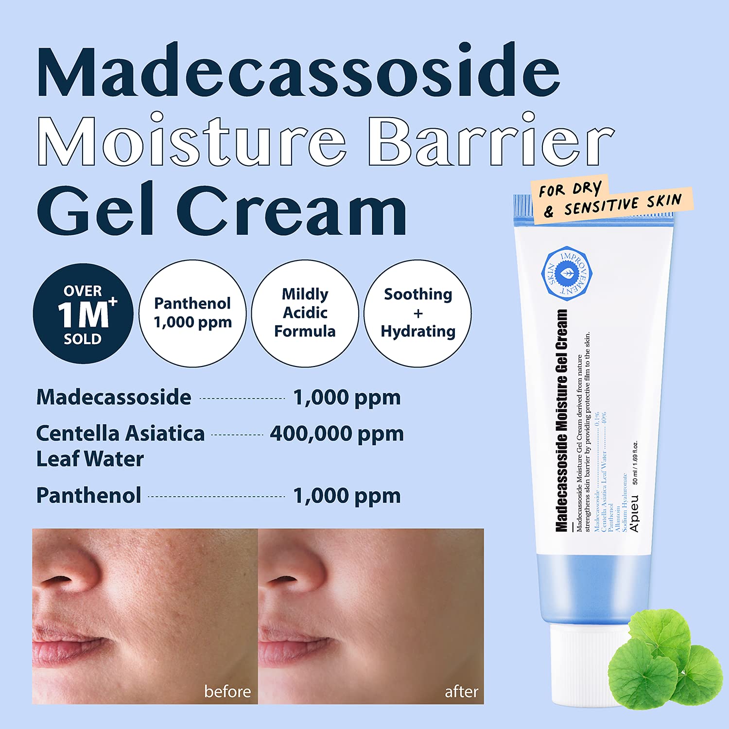 A'PIEU Madecassoside Moisture Gel Cream (1.69 Fl oz) - for Hydrating Dry and Sensitive Skin- Helps Soothe Damage and Maintain Optimal pH level- Centella Asiatica, Panthenol, Allantoin-BrightBean Baby