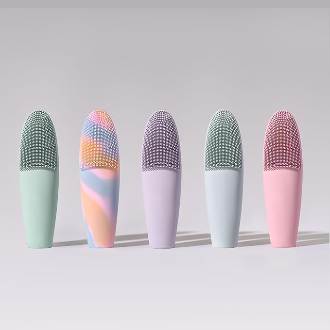 LOLLIPOP Dual-Sided Facial Cleansing Brush | Handle Size Silicone Face Exfoliator and Soft Fiber Cleanser | Manual Face Scrubber for Pores, Makeup Removal, Blackhead and Skincare Routine, Oceanic-BrightBean Baby