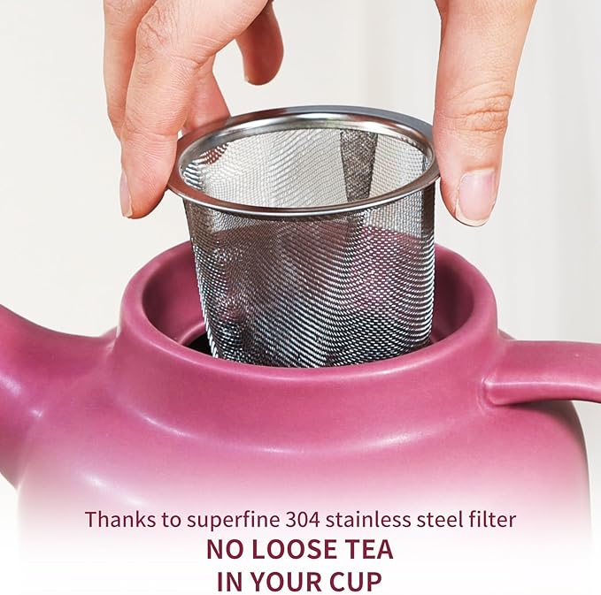 Yundu 1500ml / 50 oz Ceramic Teapot with Infuser & Wood Lid - Matte Purple, Loose Leaf Tea Pot with Removable Strainer, Large Capacity