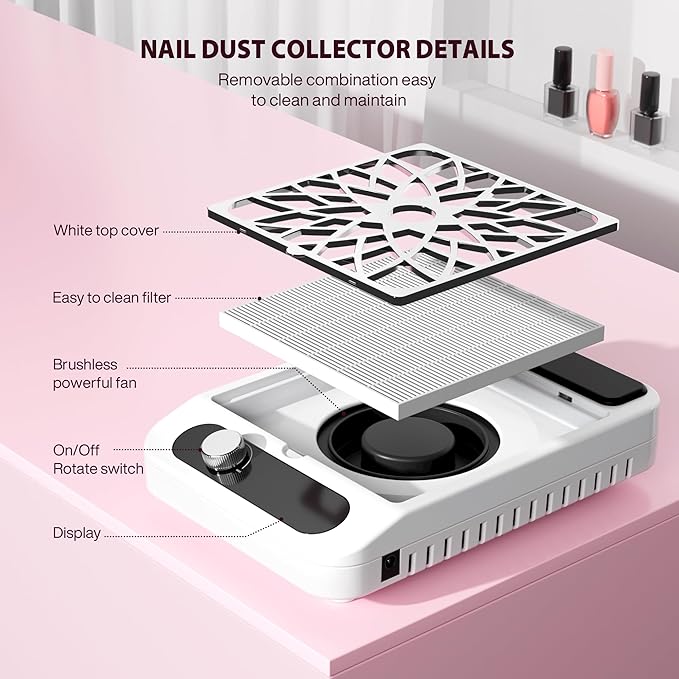 Nail Dust Collector for Nail Techs,Compact & Quiet Vacuum Fan Dust Collector with Reusable Filter, Powerful Dust Suction Machine,Nail Tech Must Haves for Gel Polish,Pedicures,Salon & Home Use-BrightBean Baby