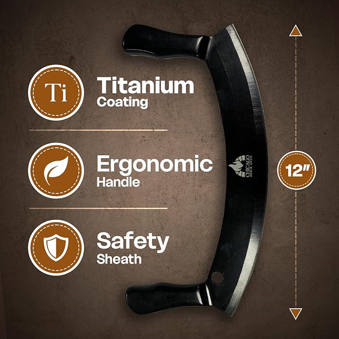 Chicago Brick Oven 12-Inch Pizza Cutter Rocker Blade – Stainless Steel Mezzaluna Knife with Titanium Coating – Large Professional Pizza Cutter with Protective Cover – Dishwasher Safe