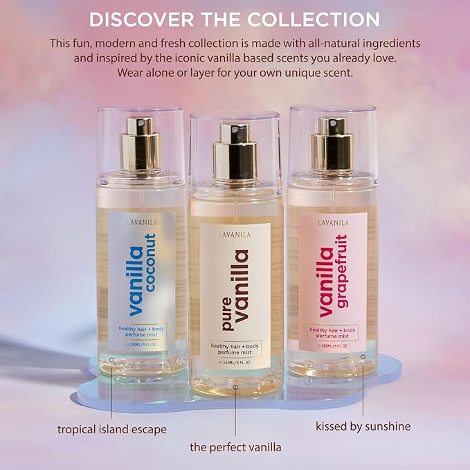 Lavanila Pure Vanilla Healthy Hair + Body Perfume Mist, 5 Fl Oz - Sweet & Warm Fragrance Spray Formulated with Jojoba Oil, Madagascar Vanilla, Tonka Bean, Heliotrope-BrightBean Baby