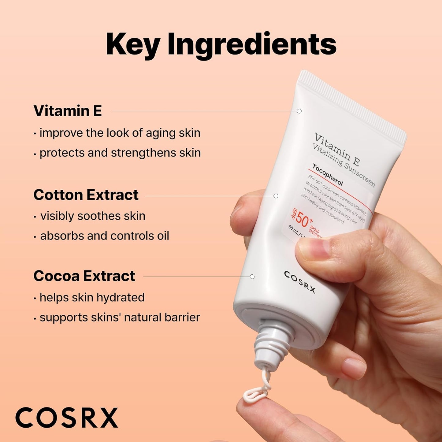 COSRX Vitamin E Vitalizing Face Sunscreen SPF 50, 1.69 fl oz, SPF Moisturizer, Lightweight under Makeup, Travel Essentials, Summer Essentials, Korean Skin Care, Korean Sunscreen for Face-BrightBean Baby