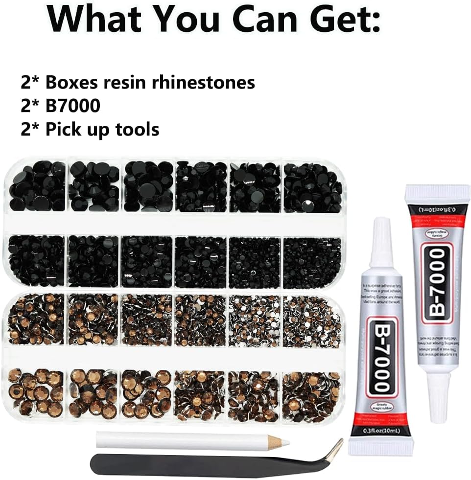 Black and Brown Rhinestones with Glue(S8-S30) for Bedazzling,2mm-6mm Non-Hotfix Flatback Nail Gems Beads with B7000, Resin Nail GemsStones Diamond Kit for Bedazzle Crafting, Nails DIY Art Decoration-BrightBean Baby