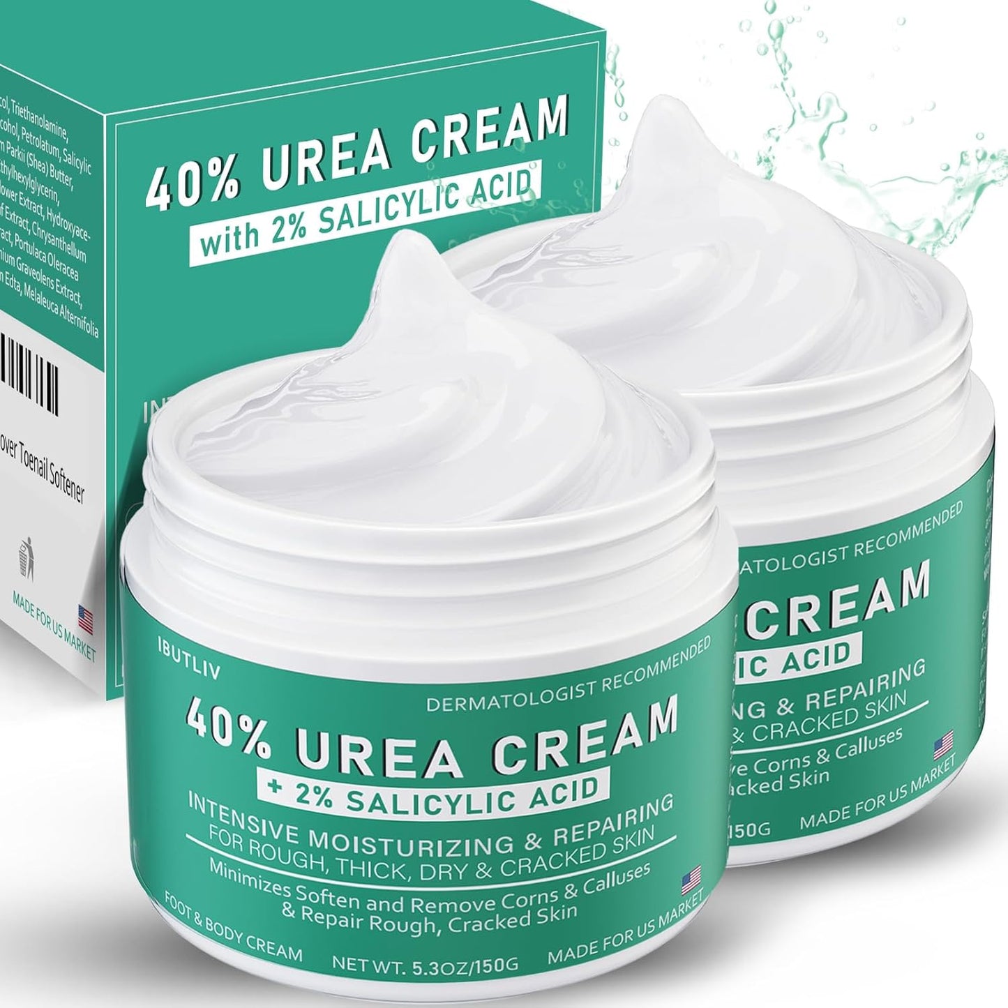 Urea Cream 40 Percent For Feet Maximum Strength - plus Salicylic Acid 2% Foot Cream For Dry Cracked Heels Feet Knees - Dead Skin Cuticle Callus Remover Toenail Softener - Pack of 2-BrightBean Baby