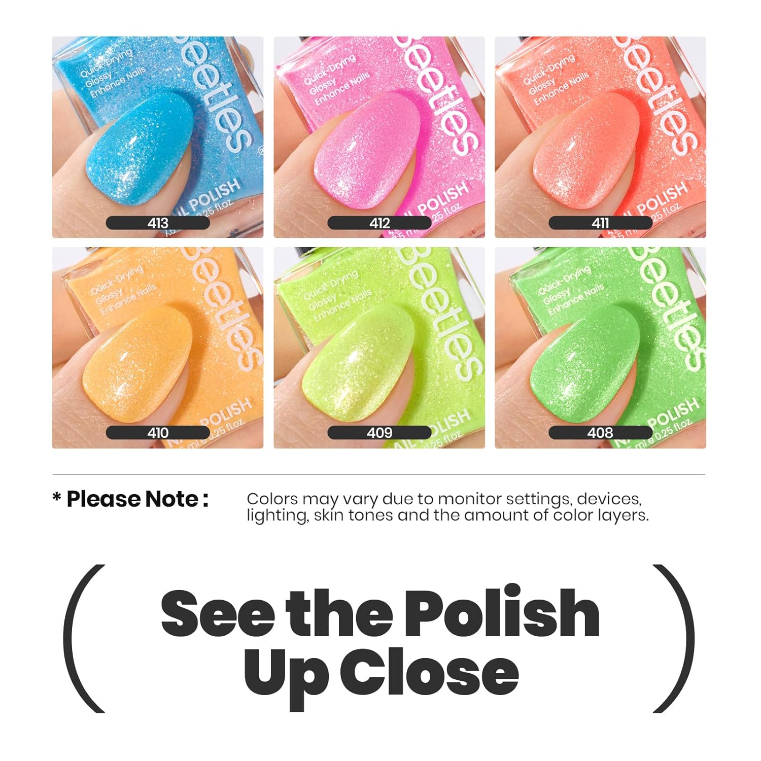 Beetles Neon Nail Polish Set, 6 Colors Glitter Nail Polish Kit Shimmer Pink Blue Green Yellow Orange Neon Fever Quick Dry Fingernail Polish Gifts for Women Salon DIY Manicure Kit-BrightBean Baby