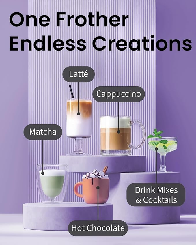 Elementi Pink Milk Frother Wand Rechargeable Drink Mixer - Powerful USB-C Rechargeable Frother & Coffee Stirrers Electric - Hand Held Whisk to Make Perfect Cappuccinos, Lattes & Drink Mixes at Home