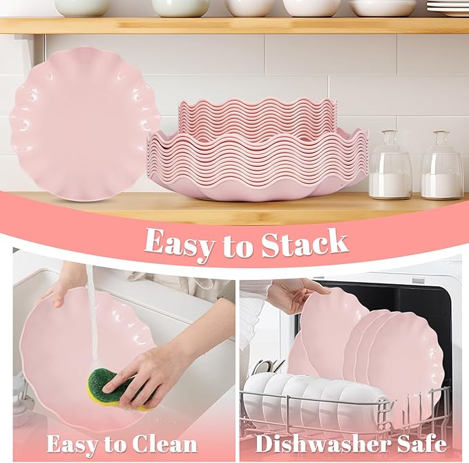 LIYH 50 Pcs Pink Plastic Plates Reusable - Durable and Dishwasher Safe Baby Shower Plates Wavy Daisy Plastic Flower Plate for Party Wedding Birthday Picnics BPA Free (25Guests)