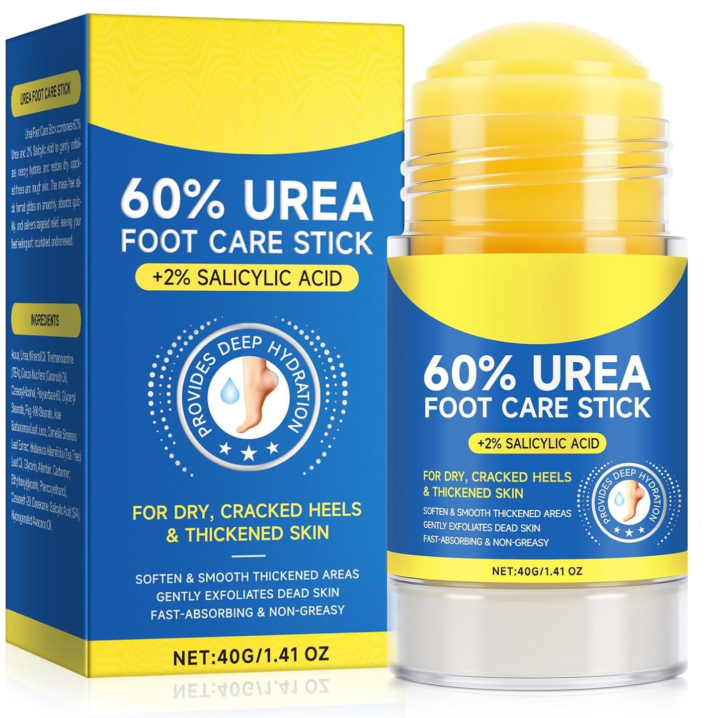 60% Urea with 2% Salicylic Acid Urea Foot Care Stick, Foot Cream Moisturizer for Dry Cracked Feet, Knees, Elbows, Hands,Moisturizes and Hydrates the Dry Skin,Callus Remover & Skin Softener -1.41oz-BrightBean Baby