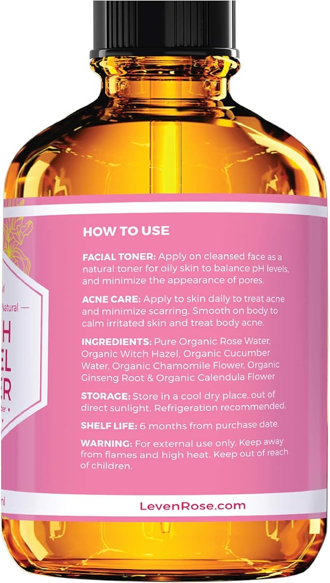 Witch Hazel Alcohol Free Toner by Leven Rose, 100% Pure Organic Facial Rose Water with Rose Petals, Calendula, Cucumber, and Chamomile Flower 4 oz-BrightBean Baby