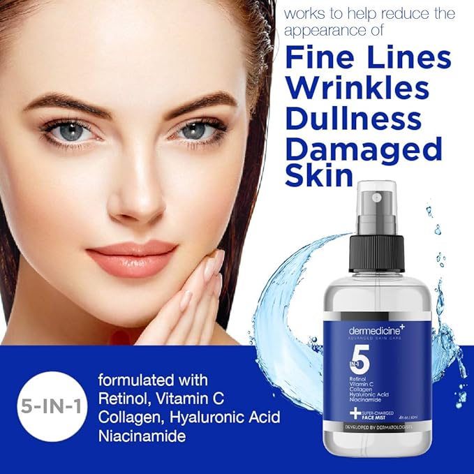 5 in 1 Super Charged Anti-Aging Face Mist w/Retinol, Vitamin C, Collagen, Hyaluronic Acid & Niacinamide | Hydrates, Refreshes & Brightens for a More Glowing Complexion | 4 fl oz, 120 ml-BrightBean Baby