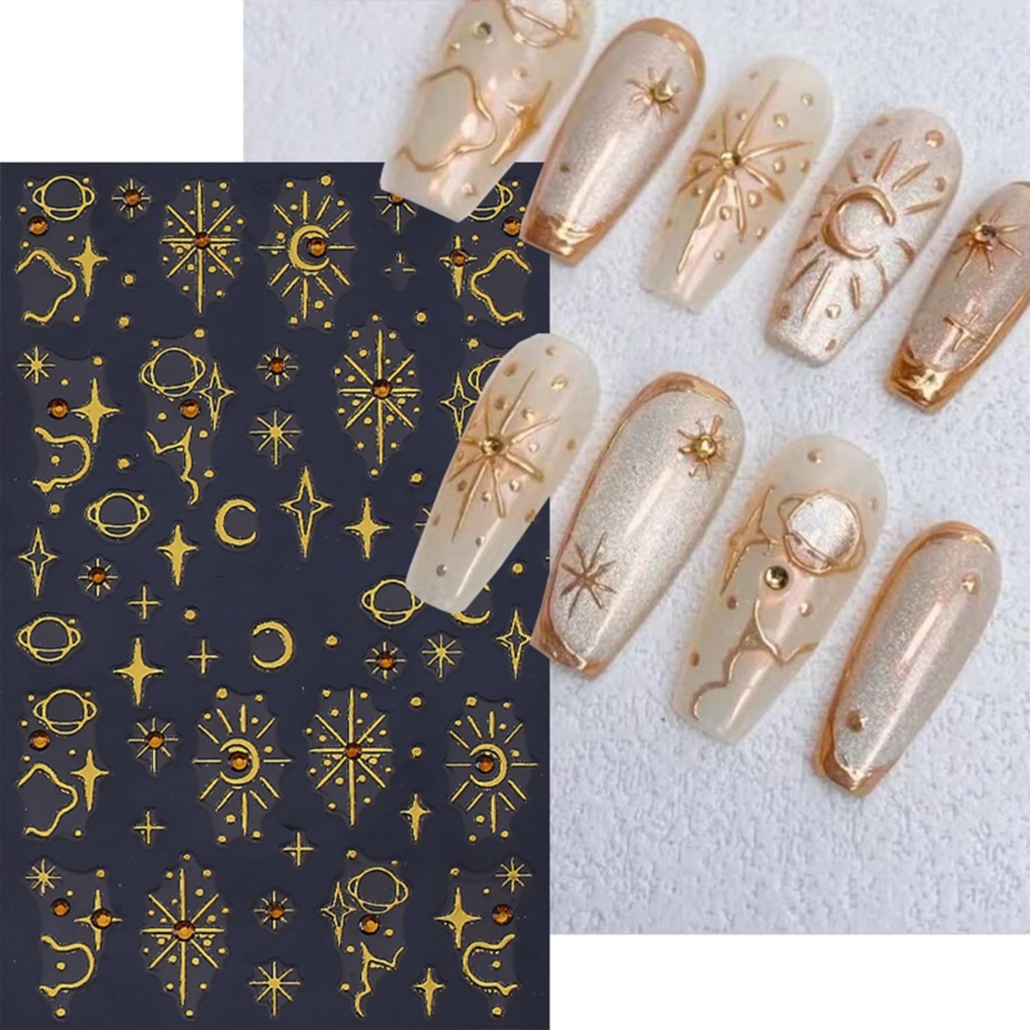 5 Sheets Metallic Gold Nail Art Stickers 3D Self-Adhesive Nails Stickers Bohemian Sun Moon Hexagram 3D Decal Supplies Women DIY Gold Metal Nail Art Decoration-BrightBean Baby