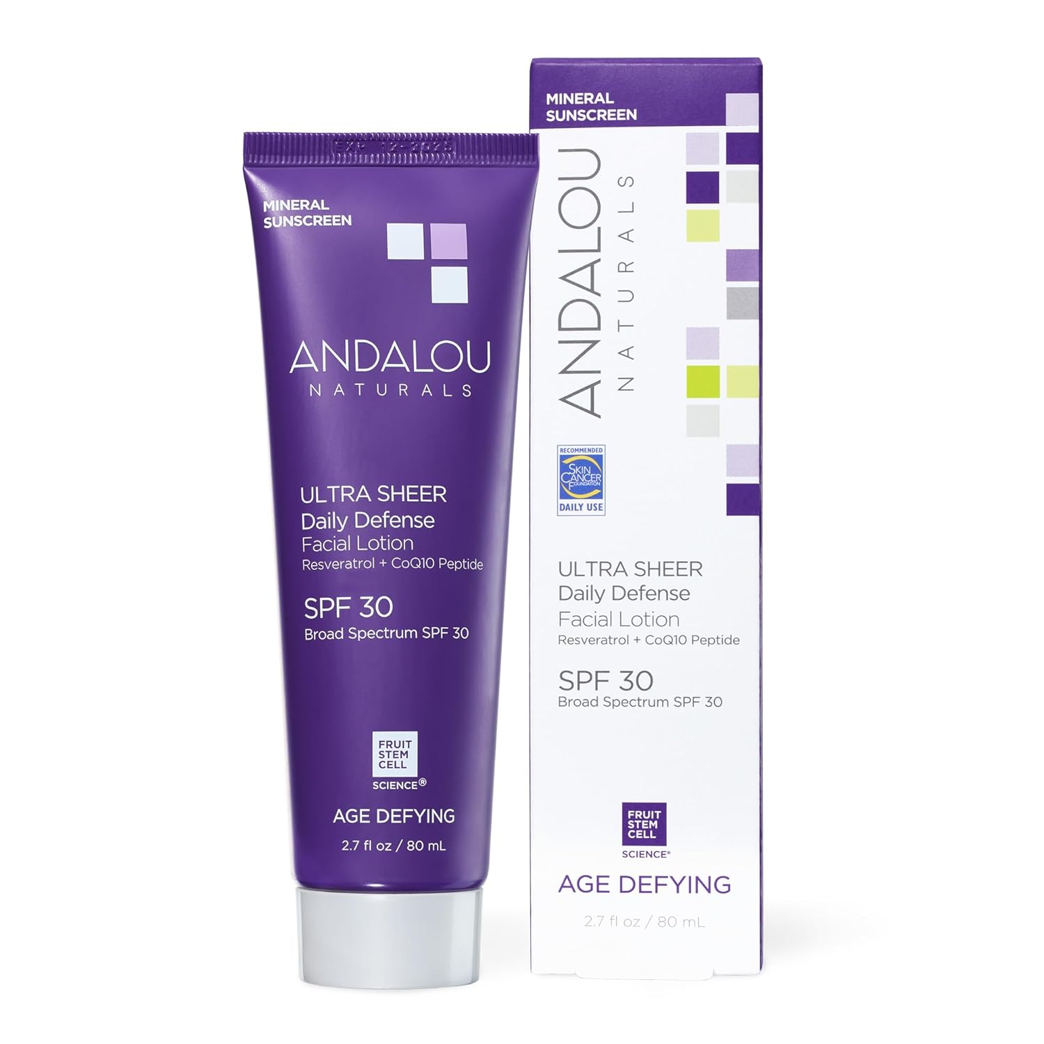 Andalou Naturals Age Defying Ultra Sheer Daily Defense Mineral Sunscreen SPF 30 | Face Lotion with Zinc Oxide | Lightweight Anti-Aging Sun Protection | 2.7 fl oz-BrightBean Baby
