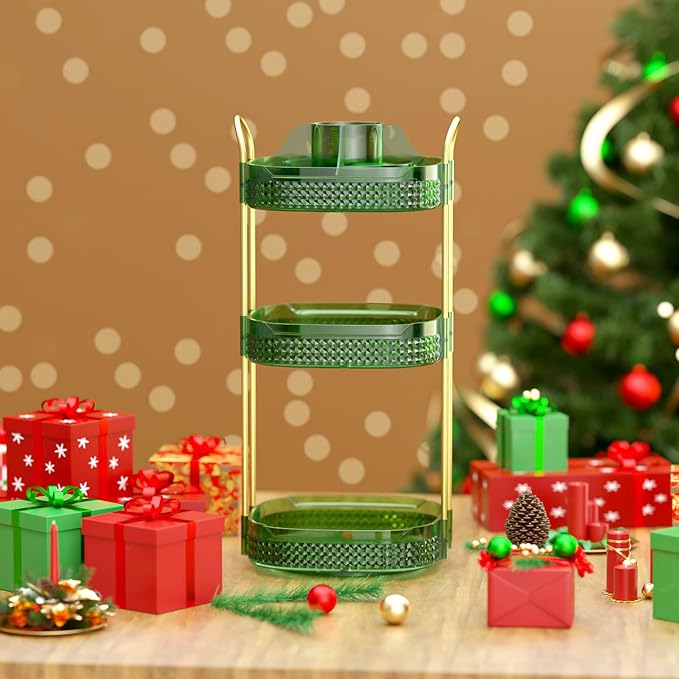 Awenia Rotating Makeup Organizer 360, Stackable Adjustable Large Capacity Cosmetic Storage Unit,Dresser Bathroom Kitchen Countertop Organizer with Metal Handle, Plus Size (Gem Green, 3 Tier)-BrightBean Baby