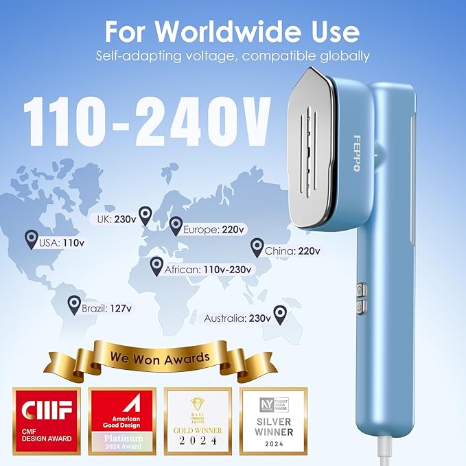 FEPPO Travel Steamer for Clothes, 110-240V Dual Voltage Portable Mini Steamer & Iron 2in1, 1100W Powerful Garment Steamer, Fast Heat Up, Travel Size, HD Display, for Home & Global & Europe Travel-BrightBean Baby