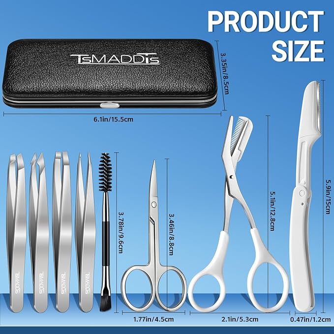 TsMADDTs Tweezers for Women Facial Hair, 8 in 1 Eyebrow Kit with Tweezers, Scissors, Razor, Brush with Travel Bag, Eyebrow Shaping Kit-BrightBean Baby