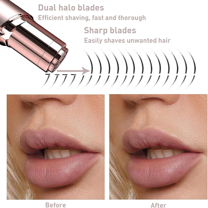 Women's Painless Hair Remover for Women, Battery Powered Facial Hair Shaver for Lips, Chin, Neck, and Cheek with 2 Replacement Heads and 1 Battery