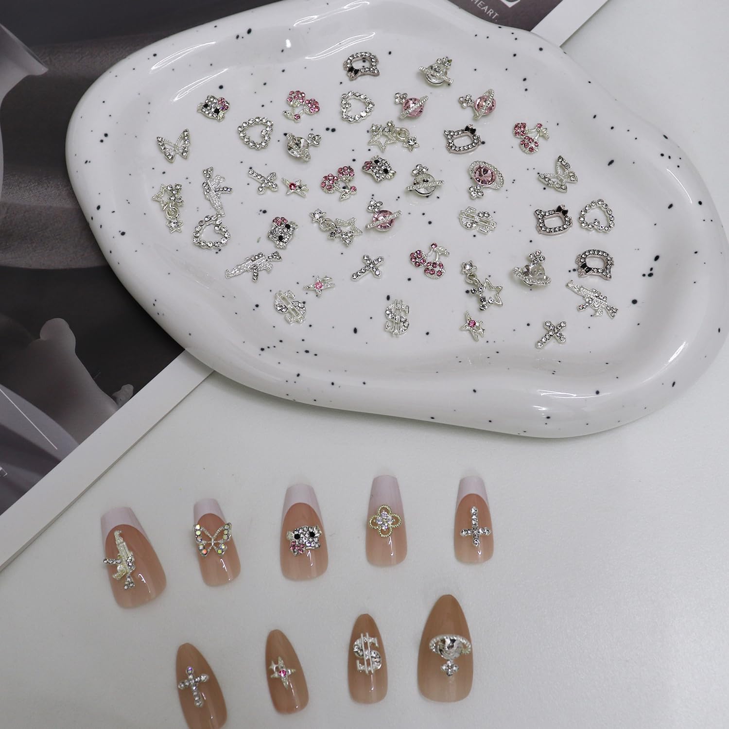 50Pcs Nail Charms Rhinestones Gems Kitty Heart Star Gun Planet Cross Jewelry for Acrylic Nails Accessories Women Nail Decorations Manicure Craft DIY Nail Art Supplies-BrightBean Baby