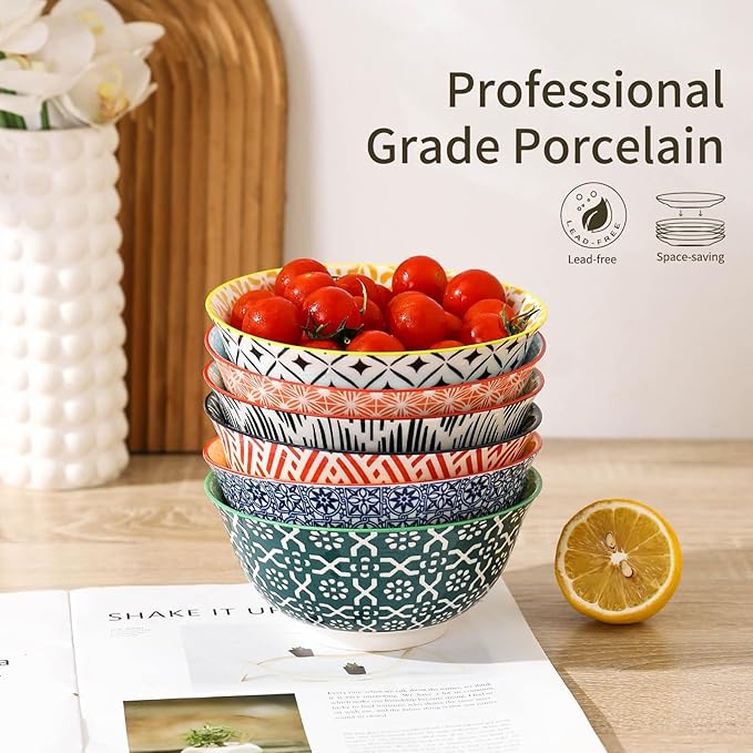 Cereal Bowls Set of 6 for Kitchen, 23oz Ceramic Bowls for Soup, Salad, Dessert, Rice, Serving, Oatmeal, Dishwasher & Microwave Safe, Assorted Colors