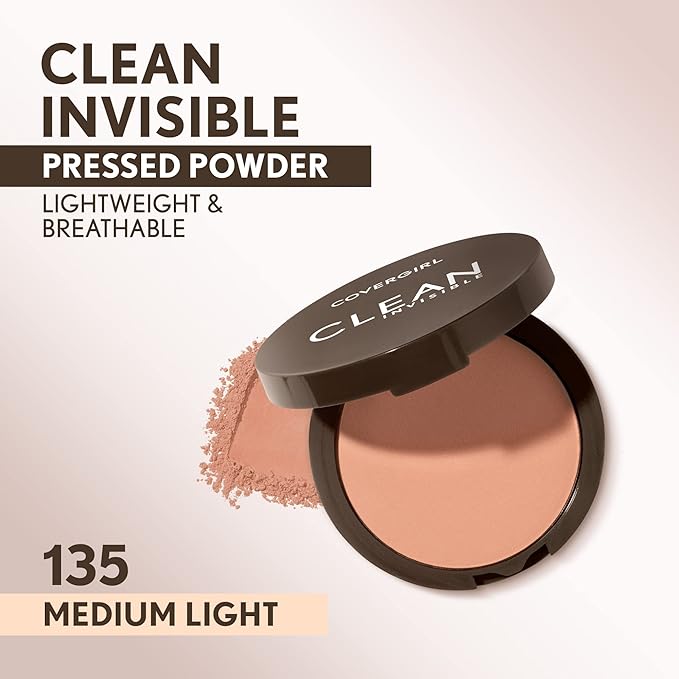 Covergirl Clean Invisible Pressed Powder, Lightweight, Breathable, Vegan Formula, Medium Light 135, 0.38oz-BrightBean Baby