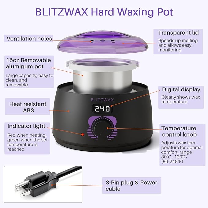 BLITZWAX Brazilian and Bikini Wax Pot for Women, Hard Waxing Warmer for Face, Legs and Body, At Home Hair Removal Machine, Beginner Friendly, Digital Fast Heating, 16oz Capacity-BrightBean Baby