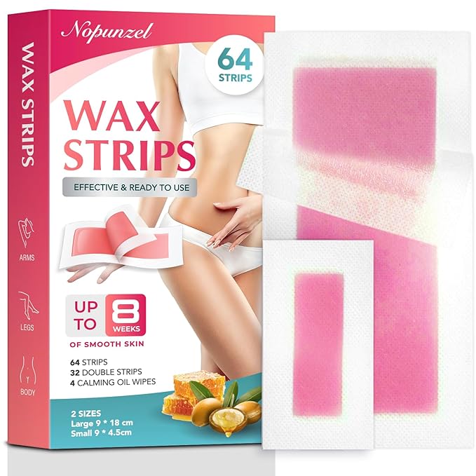 Wax Strips: 64 Waxing Strips - Hair Removal Wax - Brazilian Waxing - Waxing Kit for Women - Body Legs Arms Chest Bikini Back - Wax Kit At Home for Hair Removal - 2 sizes - 4 Calming Oil Wipes-BrightBean Baby