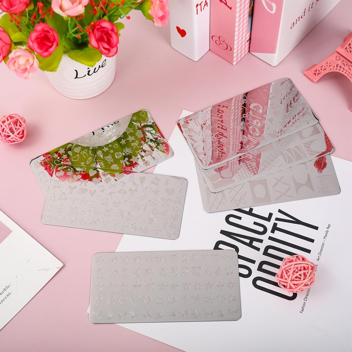 Whaline 6Pcs Coquette Nail Plates Stamping Set Bow Cherry Heart Stamp Templates Nail Art Plates for DIY Print Manicure Salon Design-BrightBean Baby