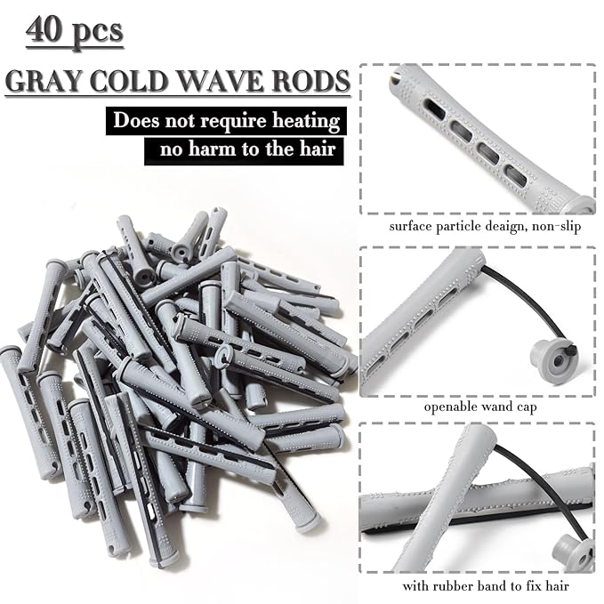 Perm Rods Set for Short Natural Hair 40pcs Gray Plastic Cold Wave Rods Hair Curling Rollers with Steel Pintail Comb Rat Tail DIY Hairdressing Tools（40pcs Gray）-BrightBean Baby
