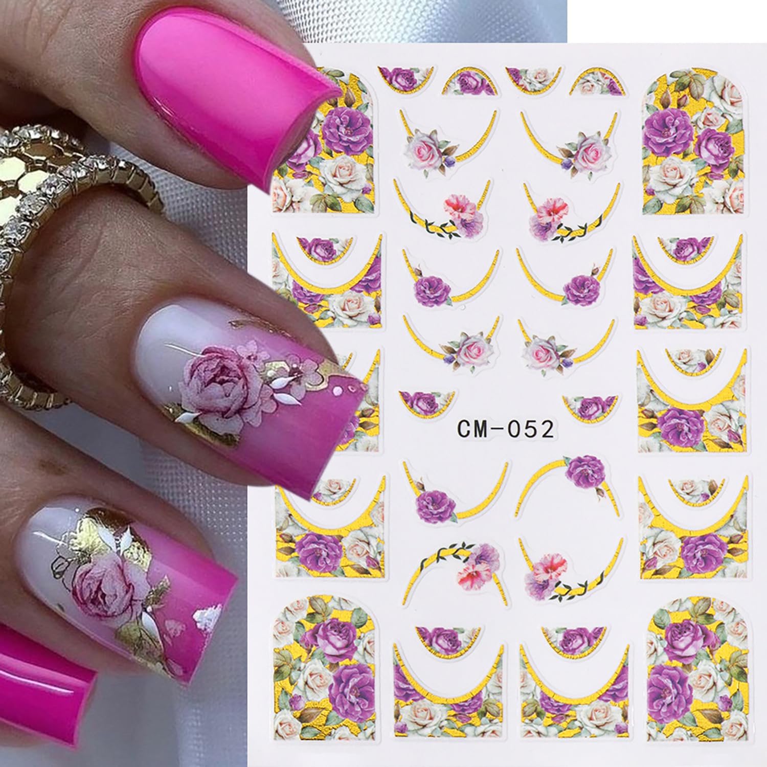8 Sheets Flower Nail Art Sticker 3D Self-Adhesive Nails Stickers Floral Butterfly Nail Art Decals Holographic Blossom Decal for Women Hot Stamping French Manicure Stickers DIY Nail Supplies-BrightBean Baby
