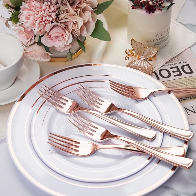 Liacere 200 Pack Rose Gold Disposable Forks - 7.4 Inch Heavy Duty Plastic - Rose Gold Silverware for Catering, Parties, Dinners, Weddings & Mother's Day