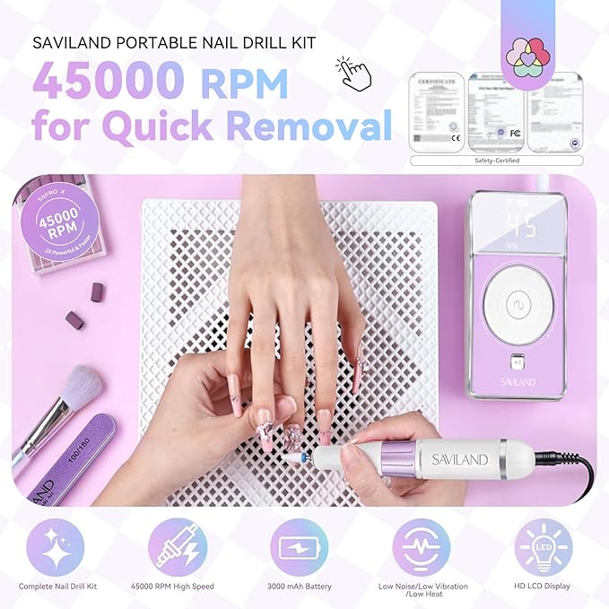 SAVILAND SSPro X-Drill Nail Drill Professional: 45000 RPM Quick Removal for Acrylic Nails Electric Nail File 3000 mAh Nail Drill Kit Portable EFile with Ceramic Bits Sanding Bands Nail Tech Salon-BrightBean Baby