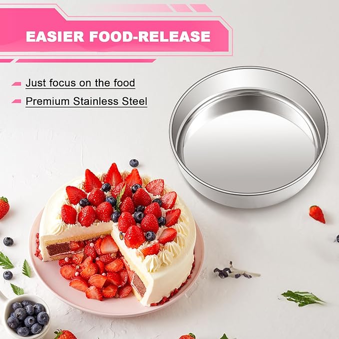 8 Inch Cake Pan Set of 2, Stainless Steel Round Layer Cake Baking Pans Tins, Non-Toxic & Healthy, Leak-proof & Easy Clean & Dishwasher Safe