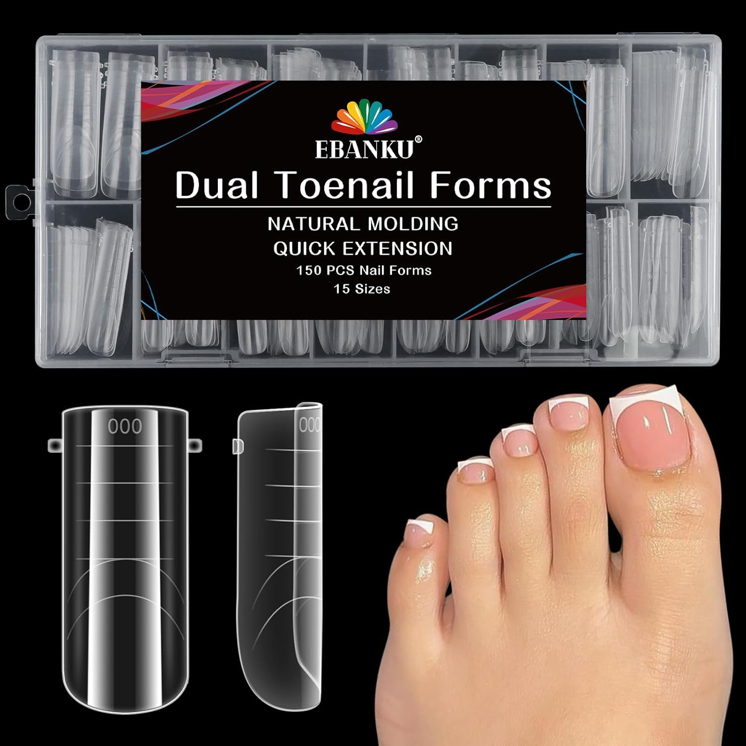 Poly Gel Toe Nail Form Set, EBANKU Reusable Toenails Dual Forms for Nail Extensions, Poly Gel Toe Nail Tips Pre-designed French Line Salon Home DIY Nail Art Supplies - 15 Sizes 150PCS-BrightBean Baby