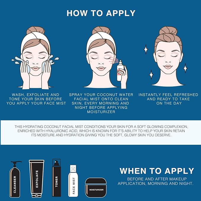 | Face & Body Mist Spray - Hydrating Coconut Water With Moisturizing Hyaluronic Acid | Instant Cooling, Conditoning, Hydrating | 8 FL OZ-BrightBean Baby