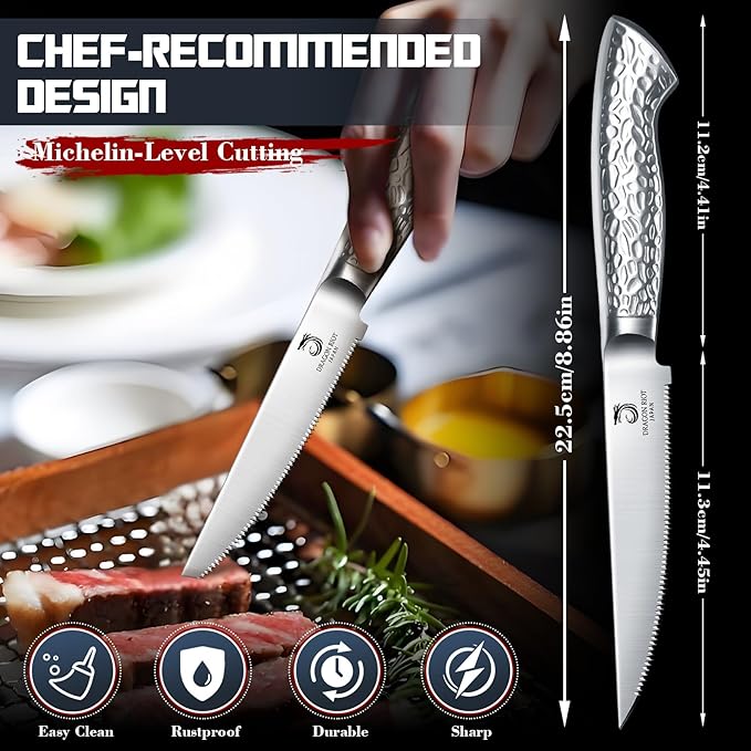 DRAGON RIOT Steak Knives Set of 8 Serrated Edge Steak Knife Set Japanese Stainless Steel Dinner Knife Diswasher Safe