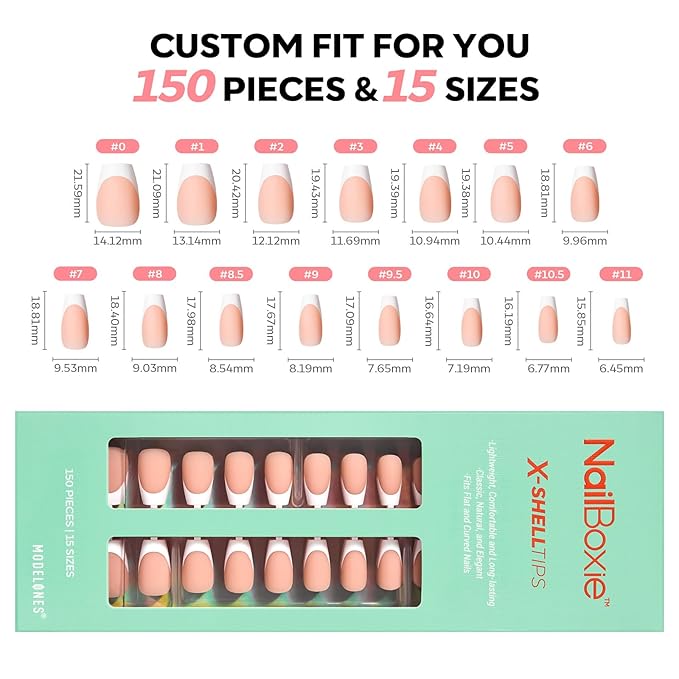 modelones French Tip Press on Nails, 150Pcs Short Coffin Fake Nails with Nail Box, Deep Nude Gel Nail Tips for Women, Soft Glue-On Nails for Natural Salon Look, DIY Nail Art Kit (15 Sizes)-BrightBean Baby