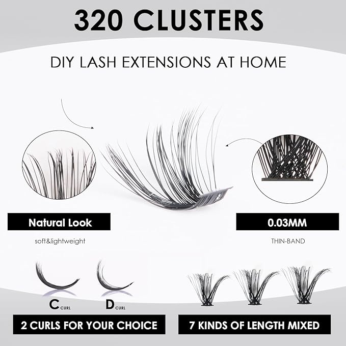 DIY Lash Extensions Kit 320pcs Individual Lashes Clusters 60D 80D D Curl Eyelash Extension Kit with Applicator and Lash Bond&Seal,Clusters Lash Glue Remover For False Eyelash Mix 10-16mm (60D+80D KIT)-BrightBean Baby