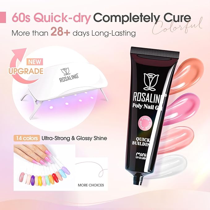 ROSALIND Poly Nail Gel Kit -14 Colors +72 Nail Art Accessories kit Nude Pink Poly Nails Gel Kit Starter Kit with Mini UV Lamp Slip Solution Basic Poly Nail Art Tools for Beginners with Everything-BrightBean Baby
