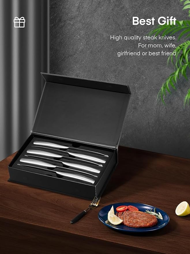 D.Perlla Steak Knives 12 Pieces Micro Serrated Steak Knife Set High Carbon Stainless Steel Steak Knives Set, Elegant Sharp Kitchen Steak Knife Set, Silver