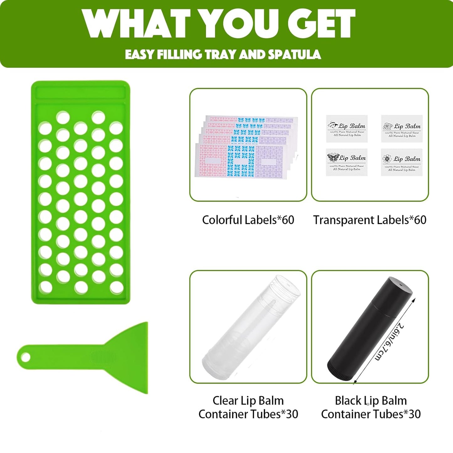 Lip Balm Tubes with Filling Tray and Spatula, 60 Empty Lip Balms Containers with Caps (Clear+Black), 60 Writeable and 60 Printed Stickers, BPA Free, Make Natural Lip Balm Kit for DIY-BrightBean Baby