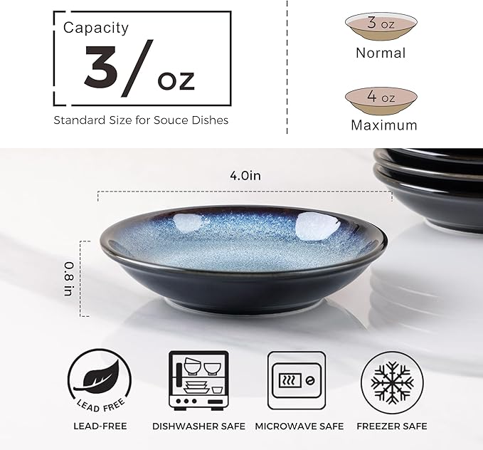 LERATIO Ceramic Soy Sauce Dishes of 6, Reactive Glaze Dipping Sauce Cups/Bowls/Dishes for Kitchen, 3oz Ceramic Small Bowls for Side Dishes, Appetizers, Snacks, and Sushi,Condiment,Dishwasher Safe