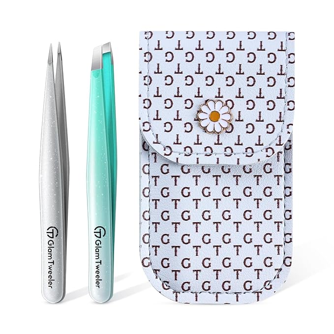 Expert Slant and Point Tip Tweezer Set with Exclusive Storage & Carrying Case, GlamTweeler Sharp & Precision Tweezer Set for Eyebrows, Facial Hairs & Fine Hairs Removal (Sparkle Mint Green + Silver)-BrightBean Baby