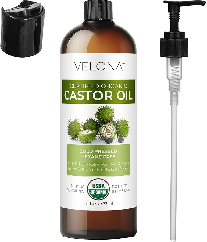 velona USDA Certified Organic Castor Oil - 16 fl oz (With Pump) | For Hair Growth, Boost Eyelashes, Eyebrows | Cold pressed, Natural Oil, USP Grade | Hexane Free, Lash Serum, Caster-BrightBean Baby
