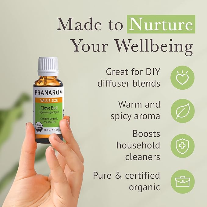Pranarom USDA Certified Organic Clove Essential Oil (30ml), 100% Pure Undiluted Therapeutic Grade from Sri Lanka & Madagascar for Aromatherapy, Diffuser, Immune Support, DIY Cleaning, Warm Scent-BrightBean Baby
