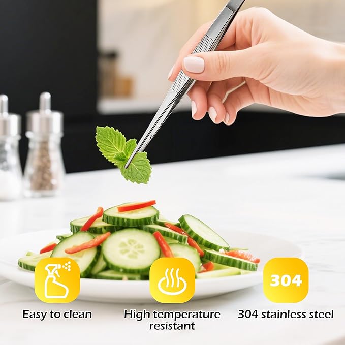 10-Inch Kitchen Tweezers Tongs Stainless Steel Kitchen Tweezers for Cooking Chef Tweezer Professional Skinny Tongs for Pasta Food Plating BBQ
