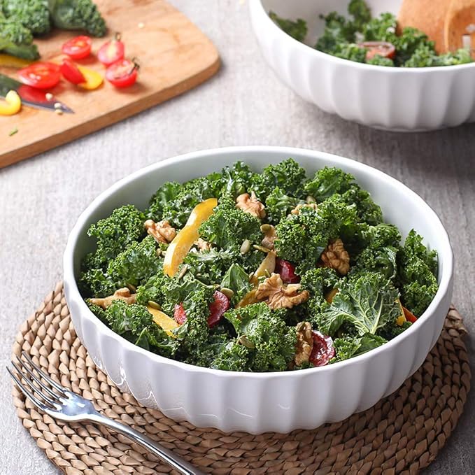 DOWAN 9.8'' Serving Bowls, 86 oz Large Salad Bowl, Ceramic Serving Dishes, Set of 2, Pumpkin Shape for Halloween, Entertaining, Party, Kitchen, Dinner, Banquet, Housewarming Gift, Soft White