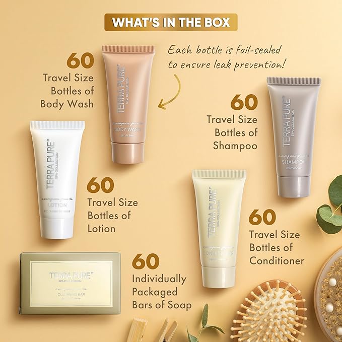 Terra Pure Spa Collection Bulk Set Toiletries | 1-Shoppe All-In-Kit Amenities for Hotels & Airbnb | 0.85 oz Hotel Shampoo & Conditioner, Body Wash, Lotion & Cleansing Bar Travel Size Tubes| 300 Pieces-BrightBean Baby